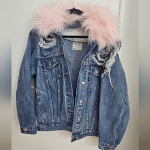 Asos Denim Blue Women's Jeans Jacket with Detachable Faux Pink Fur Collar  UK: 8